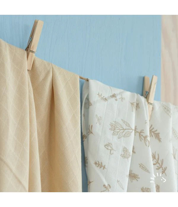 Mussoline in cotone bio 120x120cm -2pezzi fantasia foglie beige